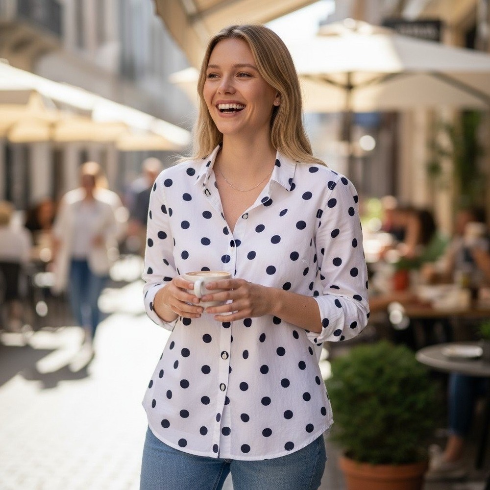 Boden White Button-Down Shirt with Black Polka Dots